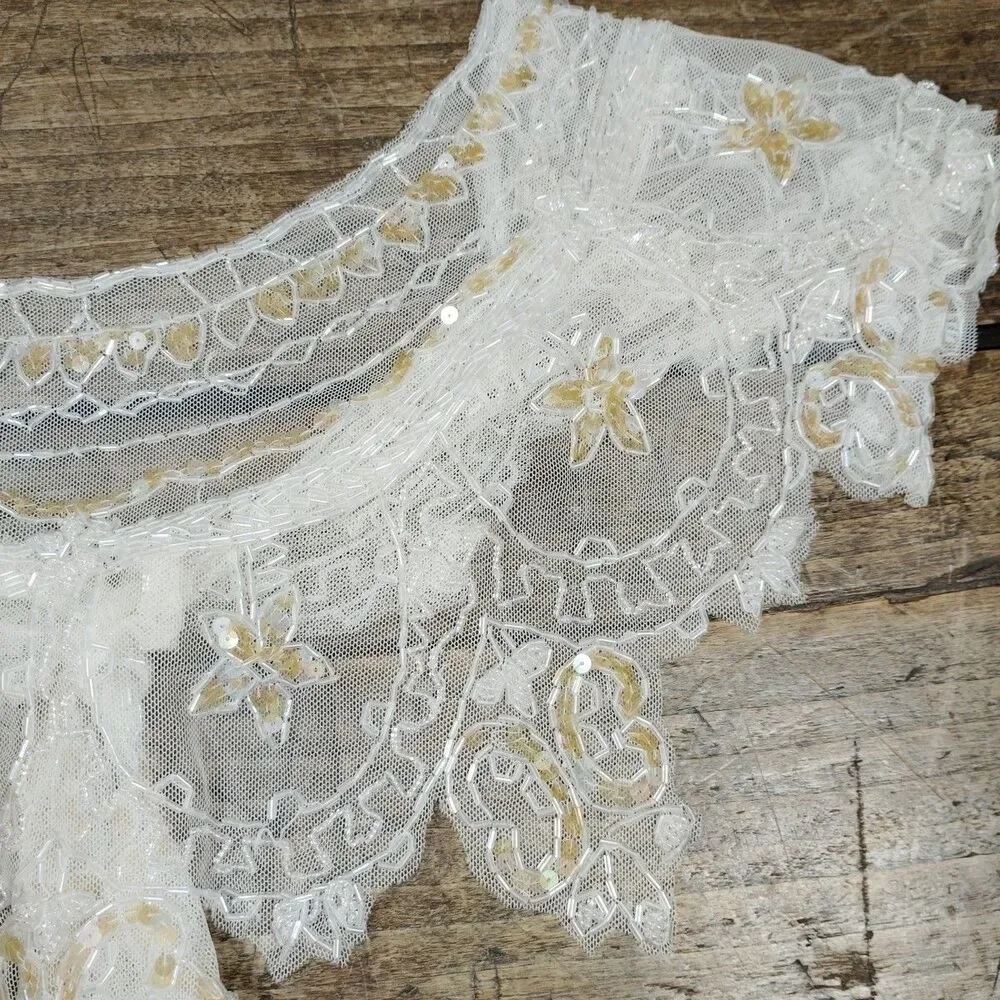 Vintage Victorian Lace Beaded Shawl Shrug Wrap Cream Old Hollywood Glamour Movie